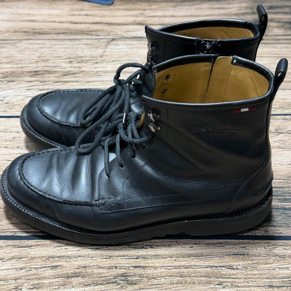 Bally Nokor Boots Men 10.5 D Black Leather Lace Up Side Zip Moc Toe Lug Sole